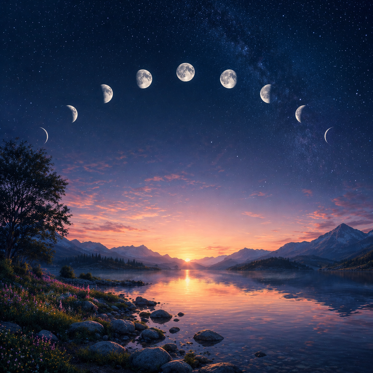 A tranquil twilight landscape of a lake and mountains under a star-filled sky, with the phases of the moon arcing overhead and reflected in the still water below.